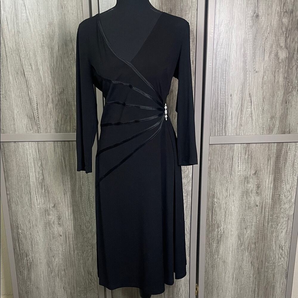 Connected Apparel black wrap style cocktail dress with side accent women's 12